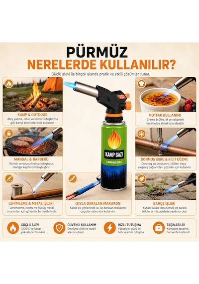 2+1 Çakmaklı Pürmüz Yedek Kartuşu Kamp Gazı 400 Ml Piknik Kamp Mangal Mutfak Ateş Tutuşturucu Yeşil