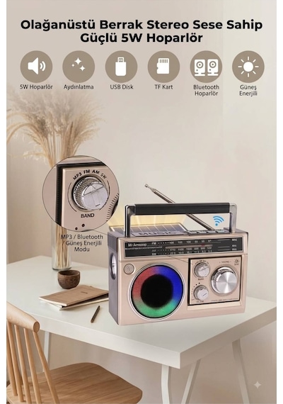 Nostalji Solar Enerjili Güneş Panelli Fm Radyo Şarj Edilebilir Bluetooth Hoparlör Rbg Işıklı Sd Kart Usb Ve El Fenerli Krem - 911392134