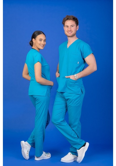 Tek Üst Unisex Kalıp Turkuaz Mavi Likralı Hemşire / Doktor Forması Scrubs Turkuaz