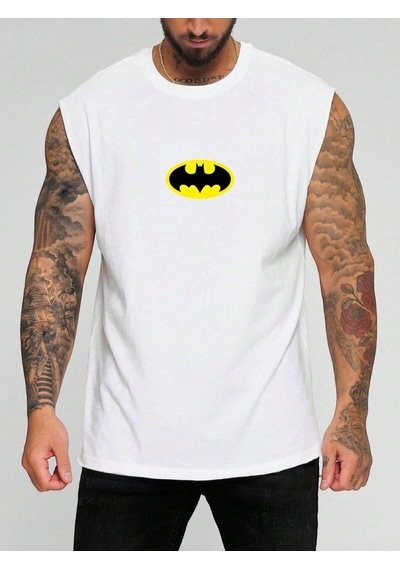Batman Baskılı Kolsuz Tişört BEYAZ