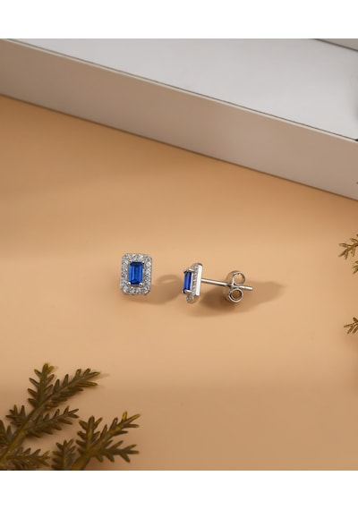 925 Ayar Rodyum Baget Kesim Safir Taşlı Minimal Günlük Gümüş Küpe Gümüş