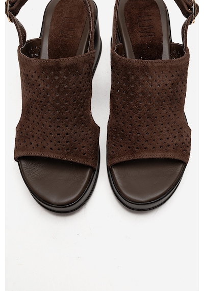 Luvishoes Jadıra Kahverengi Süet Hakiki Deri Delikli Kadın Dolgu Topuklu Sandalet