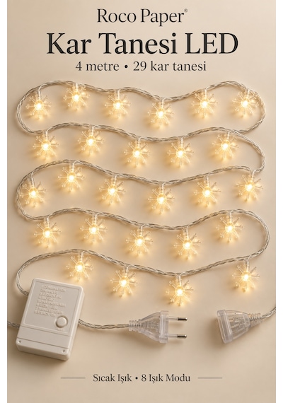 Yılbaşı Kar Tanesi Led Işık 29 Adet , 4 Metre - 8 Fonksiyonlu, Yeniyıl Ağacı Süsü, Şeffaf Kablolu