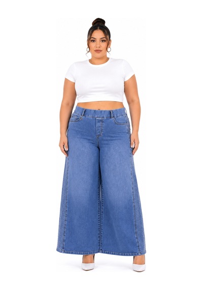 Zanessi Büyük Beden Denim Taşlı Yüksek Bel Geniş Paça Kadın Pantolon Lacivert