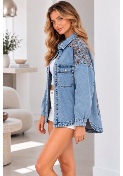 Lima Mavi Kadın Açık Mavi Etnik Desenli Kot Ceket Oversize Çıtçıt Düğmeli Cepli Uzun Kollu Denim Gömlek Ceket Lima Mavi Kadın Açık Mavi Etnik Desenli Kot Ceket Oversize Çıtçıt Düğmeli Cepli Uzun Kollu Denim Gömlek Ceket