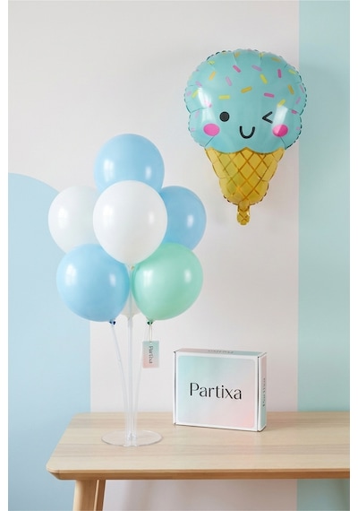 Dondurma Figürlü Mavi Balon Stand Seti Şeffaf 7 Li Stand + Dondurma Folyo Balon + 7 Lateks Balon