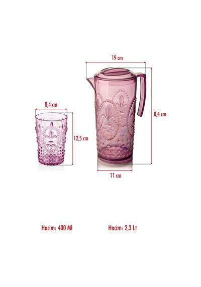 Akrilik Mürdüm Sürahi 2,3 Lt 6'lı & Su Meşrubat Kahve Yanı Bardağı 400 Ml Seti Cam Değildir