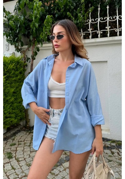 Rouge Basıc Oversize Keten Dokulu %100 Pamuk Salaş Gömlek Mavi