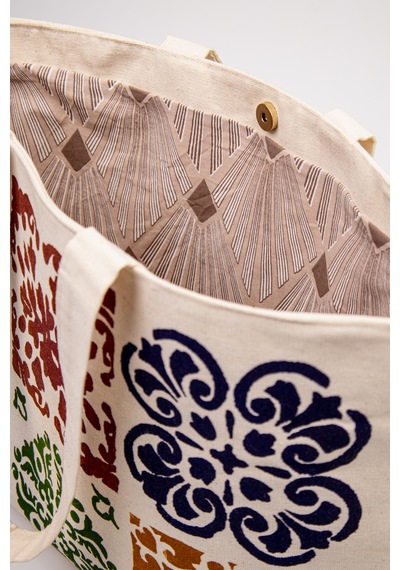 Fabric Craft Bag Kanvas Plaj Çantası Büyük Boy Astarlı Desenli Omuz Çantası Küçük Çantalı 50x35 Krem