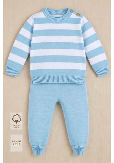 Minory Baby Çizgili 2 Li Triko Bebek Takımı Mavi Mavi