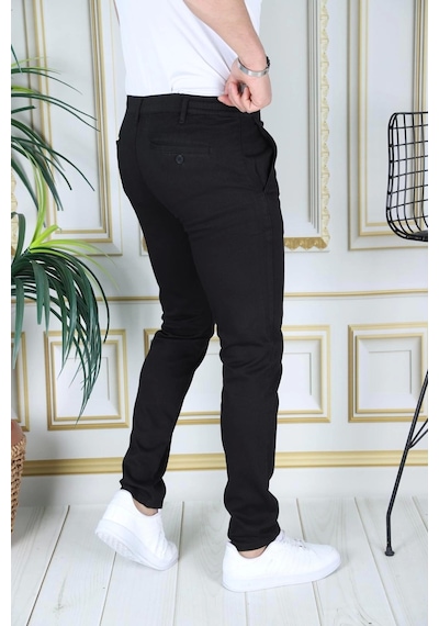 Phantom Jeans Erkek Siyah Slim Fit Esnek Likralı Armürlü Keten Pantolon Bağcıklı Kemerli Beli Lastikli Şık Pantolo Siyah
