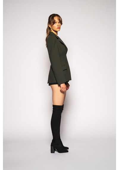Kadın Koyu Haki Agraflı Bele Oturan Blazer Koyu Haki