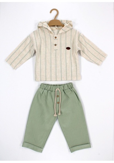Babyhola Erkek Bebek Bayramlık Takım Müslin Kumaş Kapüşonlu Üst Ve Pantolon Set 2219 Yeşil