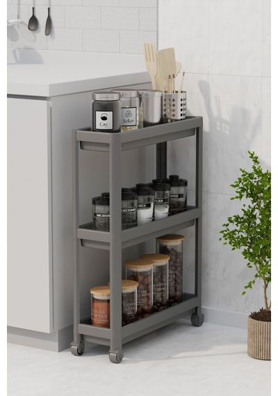 Mithra Life 3 Katlı Tekerlekli Slim İnce Gri Banyo Mutfak Rafı Mıt1127 Gri