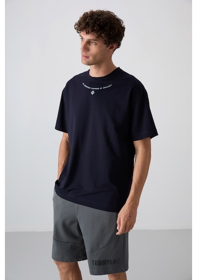 Tommy Life Lacivert Pamuklu Kalın Yumuşak Dokulu Oversize Fit Baskılı Erkek T-shirt - 88343 Lacivert
