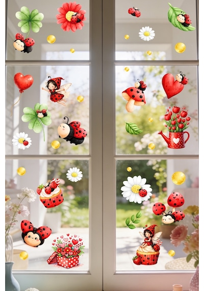 Uğur Böceği Çift Taraflı Cam Sticker Seti 44 Parça Sevimli Papatya, Kalp Ve Peri Figür Cam Sticker Dijital Baskı
