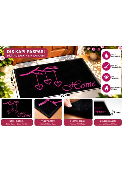 Kaymaz Pvc Tabanlı Dış Kapı Paspası 40cmx70cm Pembe