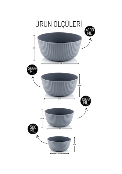 Luno Model 4 Lü Kapaklı Kase Seti 500/1300/2600/4200ml - Saklama Kabı Seti Antrasit