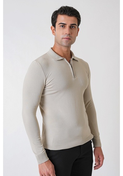 Slim Fit Esnek Pamuklu Fermuarlı Polo Yaka Taş Triko Tr 902