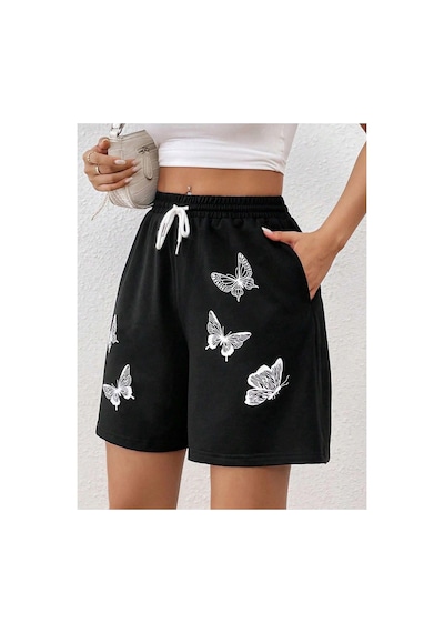 Tarzsokak Butterfly Print Drawstring Waist Şort Siyah