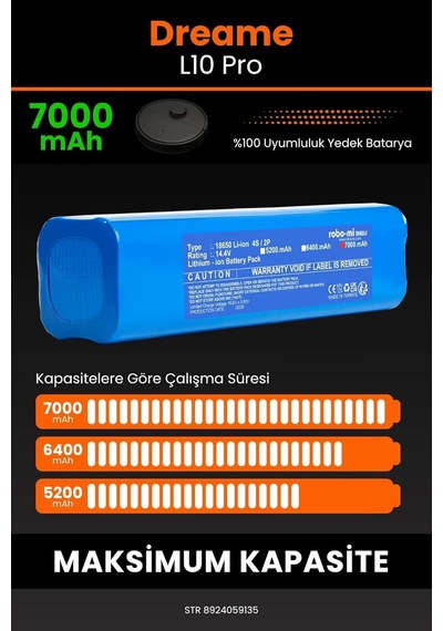 Robo Mi Robot Süpürge Bataryası Dreame L10 Pro Uyumlu 7000mah Maksimum Kapasite Tek Renk