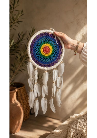 Led Işıklı Dream Catcher Düş Kapanı El Yapımı Bohem Duvar Süsü Renkli Mandala Dekor 22 Cm