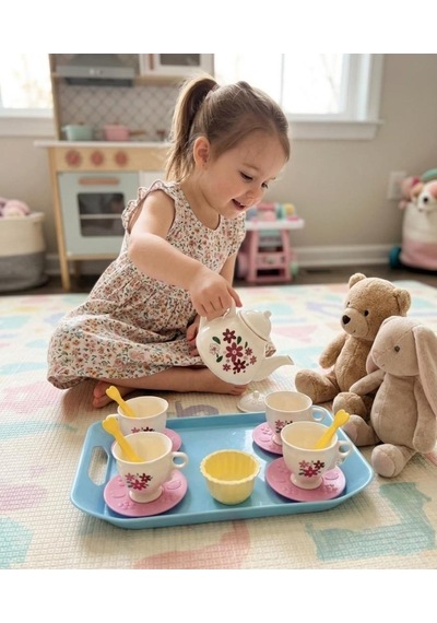 Çay Vakti Fincan Setim 17 Parçalı Çiçek Desenli 4 Fincalı Ve Çaydanlıklı Evcilik Oyun Seti 1