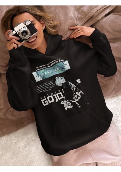 Sevbano Tasarım Gojo Satoru Baskılı Unisex Oversize Anime Karakter Hoodie Siyah