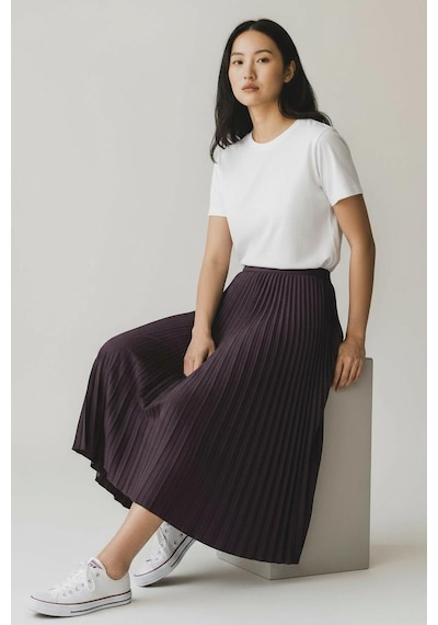 Eren Style Pileli Pamuklu Dokuma Viskon Kışlık Etek 95 Cm - 38-48 Mürdüm