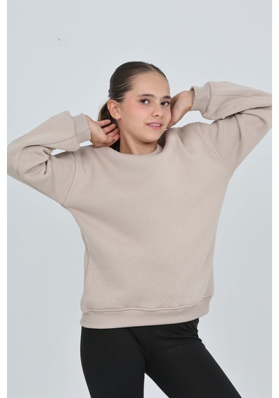 Toontoy Kız Çocuk Relax Fit Bisiklet Yaka Düşük Omuz Sweatshirt Bej