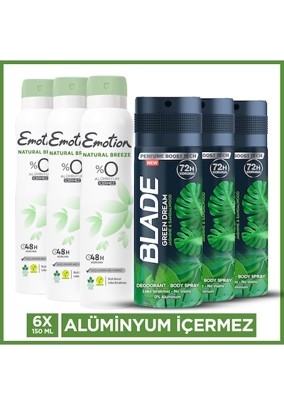 Blade Green Dream Erkek Deodorant 3x150 Ml, Emotion Natural Breeze Kadın Deodorant 3x150 Ml