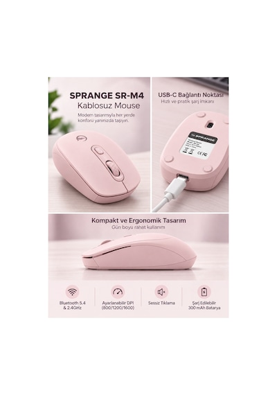 Sprange Sessiz Tık Şarj Edilebilir Kablosuz Mouse - Bluetooth 5.4 & 2.4ghz Çift Modlu Mouse Sr-m4 Pudra Sprange Sessiz Tık Şarj Edilebilir Kablosuz Mouse - Bluetooth 5.4 & 2.4ghz Çift Modlu Mouse Sr-m4 Pudra