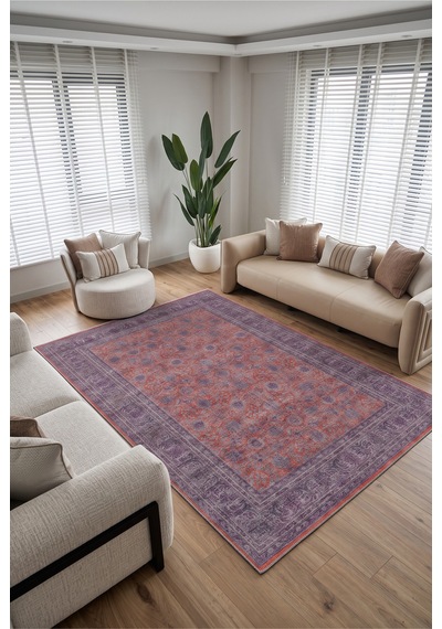 Zümrüt 03 Bordürlü Mor Kırmızı Gri Vintage Desenli Eskitme İnce Yıkanabilir Salon Ev Oda Halısı Kırmızı Mor
