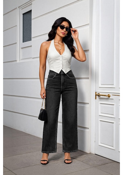 Kadın Gri Yüksek Bel Wide Leg Jean Pantolon Gri
