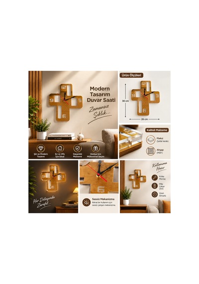 Pleksi Ahşap Birleşimi Gold, Altın Rengi Sessiz Mekanizma 26x30 Cm Modern Duvar Saati Odanıza Modern Hava Katar