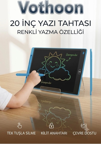 20 Inc Renkli Lcd Grafik Dijital Kalemli Çizim Tableti Yazı Tahta Not Yazma Eğitim Tableti Mavi