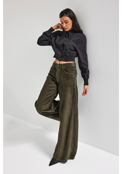 Itsbasic Kadın Haki Renk Hera 26w5-15 Palazzo Fit Kalın Fitilli Velvet Kadife Kumaş Pantolon