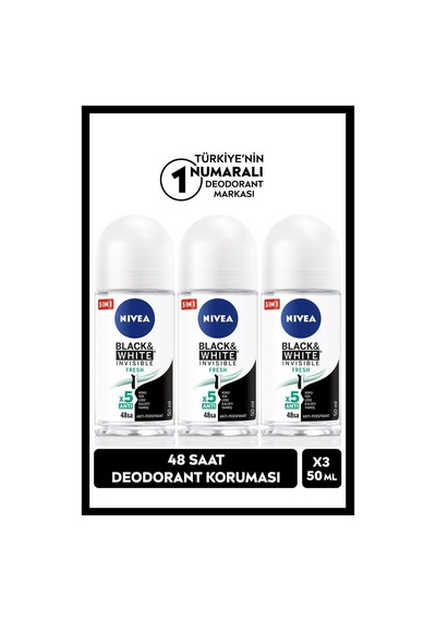 Kadın Roll-on Deodorant Black&white Fresh 50ml, Ter Ve Ter Kokusuna Karşı 48 Saat Koruma, X3 Adet