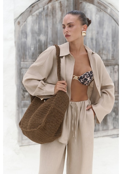 Mai Collection Mai Studios Co. Jelsomina Oversize Bej Keten Gömlek Pantolon Takım Bej