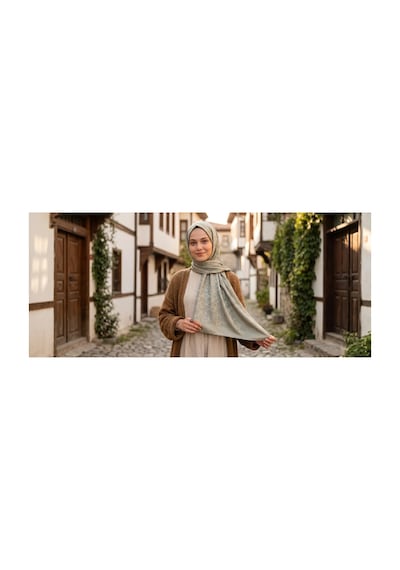 Nukra Pamuk Jakarlı Şal Halka Desen Kadın Tesettür Başörtüsü 70x190 Cm Çağla