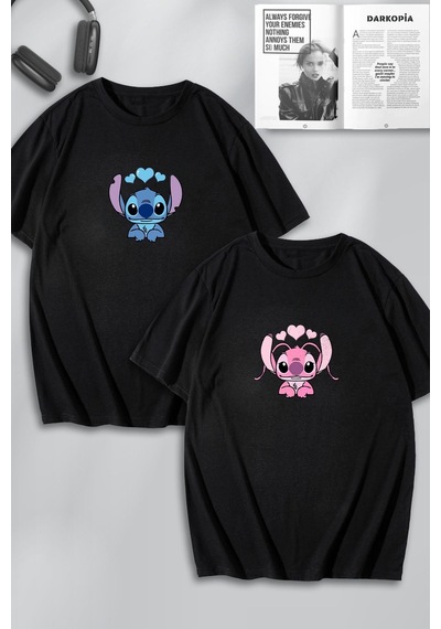 Unisex Kadın Erkek Lilo Ve Angel Baskılı Sevgili Çift Kombini Tasarım Oversize Tshirt 2li Siyah Mck0214 Siyah