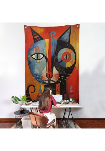 Pablo Picasso Tarzı - Soyut Renkli Kedi Duvar Örtüsü-7371