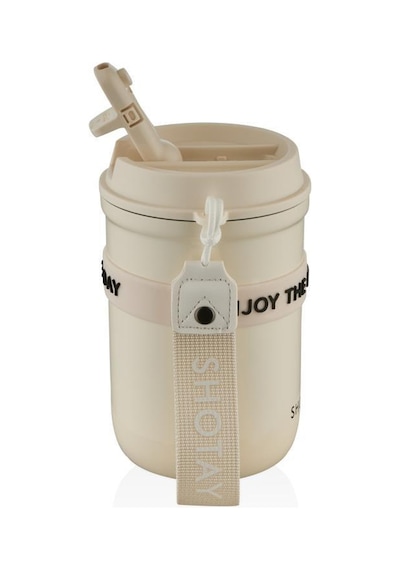 Shotay Strow Çelik Termos Mug 410ml Krem Krem