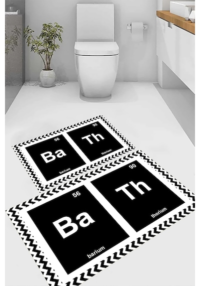 Bath Yazılı Banyo Paspası, Element Klozet Takımı, Kaymaz Taban Paspas, Yıkanabilir Paspas, 2 Li Klozet Takımı Siyah
