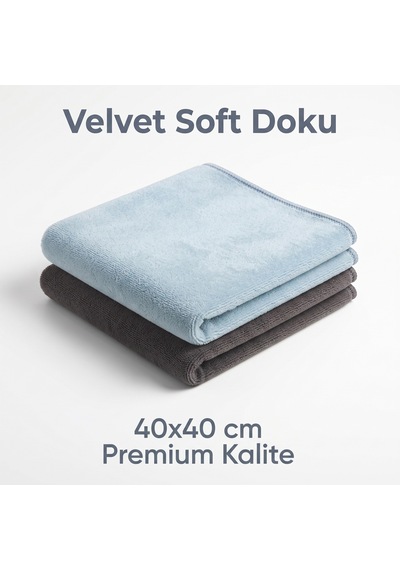 Velvet Soft Süper Emici Kadife Doku Mikrofiber Bez 2'li Set Açık Mavi / Gri 40x40 Gri-mavi