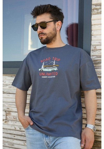 Velvoria Unisex Oversize Road Trip Baskılı Antrasit Renk T-shirt