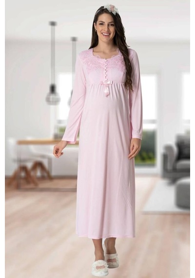 Mecit Pijama Mecit 5417 Bayan Hamile Lohusa Pembe Uzun Sabahlık Gecelik Takımı 001