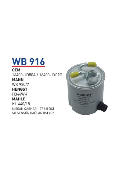 WUNDER WB916 Mazot Filtresi Xtrail Qashqai Wk920/7 Fn0180 W