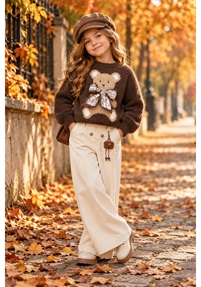 Ministok Browny Bear Kız Çocuk Çarm Detaylı Pantolon Kazak 2'li Takım Kahverengi