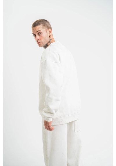 Erkek 3 İplik Pamuklu Bisiklet Yaka Yıkamalı Sweatshirt - Beyaz